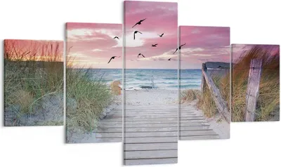 Produktbild von Bild auf Leinwand - Leinwandbild - 5 Teile - Strand Sand Vögel - 125x70cm - Wand Bild - Wanddeko - Wandbilder - Leinwanddruck - Bilder - Wanddekoration - Leinwand bilder - Wandbild - EA125x70-4994