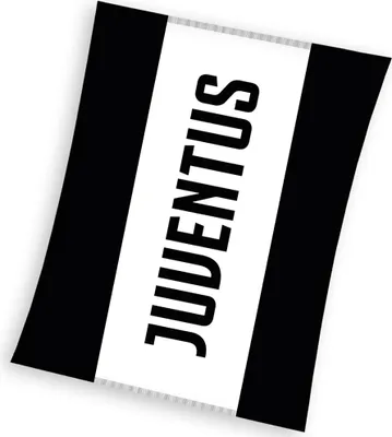 A black and white striped blanket with the word JUVENTUS printed vertically in the center.