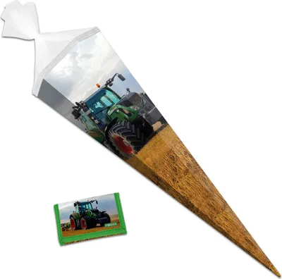 Produktbild von itenga Schultüte 85cm mit Brustbeutel Set TRAKTOR IM FELD
