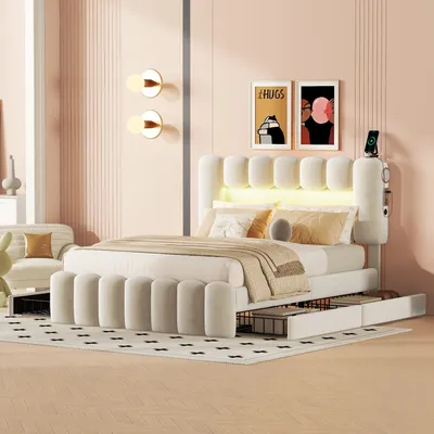 A bedroom scene with a bed, nightstand, and wall art.