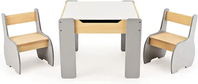 Produktbild von Kindertisch mit 2 Stühlen aus Holz, Kindermöbel Set, Kinder Tisch Stuhl Set, 3tlg. Kindersitzgruppe mit Stauraum und doppelsritge Tischplatte für Jungen und Mädchen