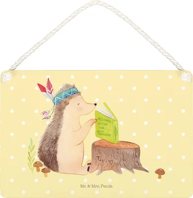 Produktbild von Mr. & Mrs. Panda Schild Igel Federschmuck DIN A4 - Gelb Pastell - Geschenk, Wandbild Holz, Tiere, hängeschild, Lagerfeuer, Türschild, Camping, Holzschild, Abenteuer