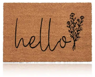 Zdjęcie produktu dla Wycieraczka Relaxdays z włókna kokosowego, napis „Hello”, 60 x 40 cm, motyw kwiatowy, do użytku wewnątrz i na zewnątrz, antypoślizgowa wycieraczka, kolor naturalny/czarny, Obraz wygenerowany przez AI