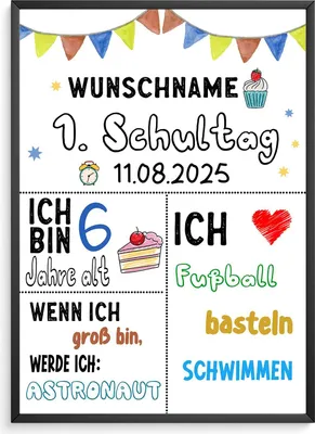 Produktbild von Geschenk zum Schulanfang Personalisiert Schulkind Geschenkidee Schulanfänger – DIN A4 + Rahmen schwarz