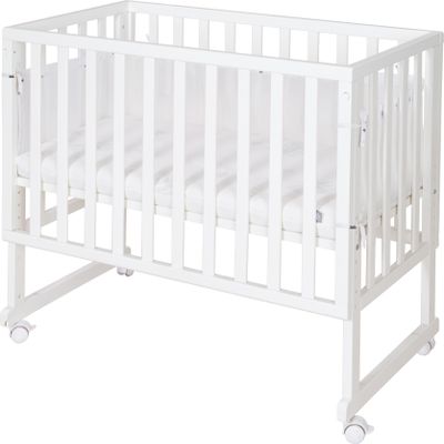 roba Stuben- & Beistellbett safe asleep® 3 in 1 - 45 x 90 cm - Höhenverstellbar - Komplettes Anstellbett mit Matratze + Canvas Barriere - Mesh Umrandung - Bett Set für Babys - Holz weiß