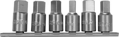 A set of six hex bit sockets on a metal rail.