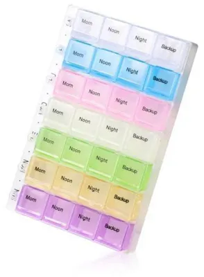 Immagine prodotto di Contenitore per pillole da 7 giorni, dosatore per farmaci con 4 scomparti per giorno, colorato, in plastica PP
