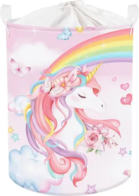Produktbild von Große 45L Regenbogen Einhorn Kinder Wäschekorb mit Griff für Mädchen Faltbare Rosa Blumen Kleidung Spielzeug Aufbewahrungskorb mit Deckel für Kinderzimmer.