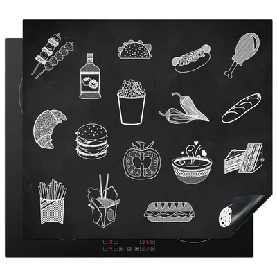 Obrázek produktu pro KitchenYeah® Krycí deska na sporák černá - bílá - potraviny, 59x52cm, dekorace do kuchyně, keramická krycí deska na varnou desku, krycí deska na varnou desku