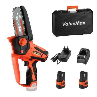 A collection of items for a mini chainsaw kit, including the chainsaw, batteries, charger, and a carrying case.