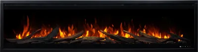 A close-up view of an electric fireplace with realistic flame effects and decorative logs.