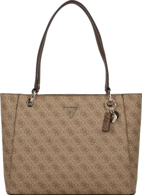 A brown tote bag with a repeating GUESS logo pattern.