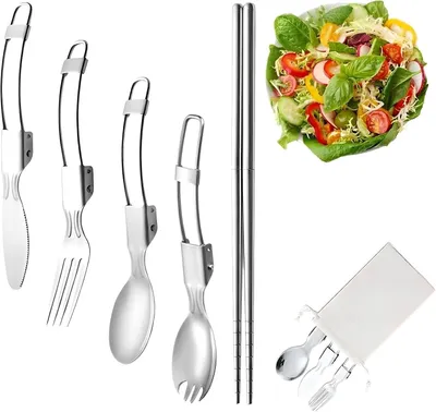 Produktbild von Faltbares Besteckset 5-teilig, für Camping, Messer, Löffel, Gabel, Essstäbchen, leicht, grün