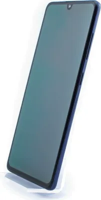 A blue smartphone is displayed on a white background, angled slightly to the left.