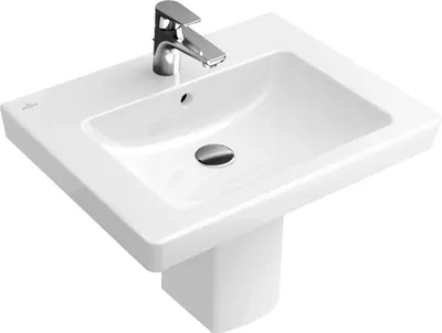 A white ceramic sink with a chrome faucet, shown from a diagonal angle against a white background.