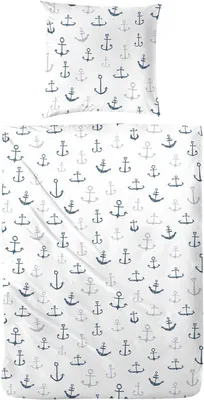 A flat lay of a pillowcase and duvet cover, both featuring a repeating pattern of blue and gray anchors on a white background.
