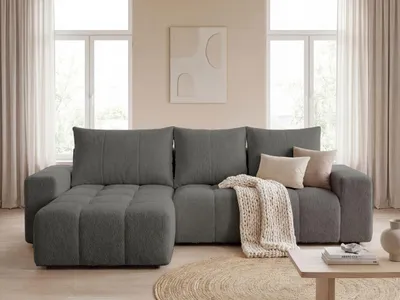Produktbild von GrainGold Ecksofa L-Form Bresso - Ecksofa mit Schlaffunktion, Bettkasten - Moderne Ecksofa, Wohnzimmer Sofa - Eckcouch mit Bouclé-Stoff - Dunkelgrau