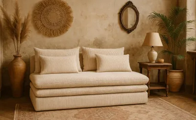 Zdjęcie produktu dla Sofa z funkcją spania i przechowywania NELIA, tkanina Poso, Beżowy