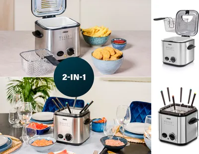 A collage of images showing a silver mini deep fryer and fondue pot in different settings, including one with french fries and chicken nuggets, and another set up for a fondue meal.