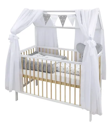 Produktbild von Baby-Delux Hausbett Kinderbett Gitterbett Weiß Natur 60x120 Beißschienen Schutzgitter Matratze Bett Set Super Star