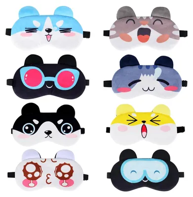 Productafbeelding van Slaapmaskers met dierenmotieven, een set van 8 zachte slaapmaskers, schattige en zachte slaapmaskers met een cartoonprint, 8 verschillende slaapmaskerdesigns voor kinderen, volwassenen en peuters