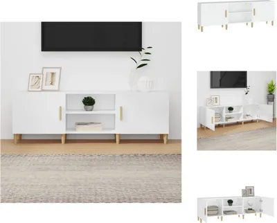 A collage of images showing a white TV stand with wooden legs, displayed in different angles and settings.