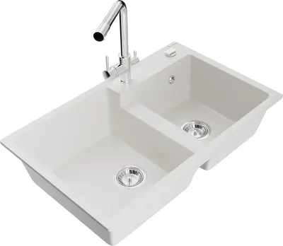 Produktbild von Mexen Tomas 2-Becken-Granitspüle mit Mischbatterie Duero, Weiß - 6516-20-671600-00