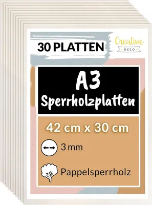 Produktbild von Creative Deco 30 x A3 Sperrholzplatte 3mm Pappelsperrholz | 420 x 300 (+/- 0,5) mm | Dünne Holz-Zuschnitte für Laubsäge, Brandmalerei, Laserschnitt, CNC