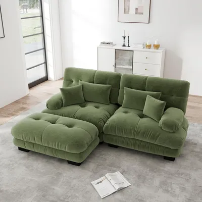 Produktbild von MODFU Zweisitzer Polstersofa mit mit 2 Lendenkissen und 2 Dekokissen,L-förmiges Sofa,Loungesofa Chenille,mit 1 Ottoman,Modulares Sofa,Grün