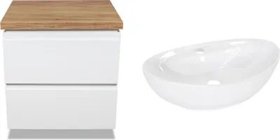 Produktbild von VBChome Badmöbel 60 cm Weiß Aufsatzwaschbecken mit Hahnloch 59x39 cm Aufsatzwaschtisch mit Waschbeckenunterschrank 2 Schubladen Moduo Badezimmerschrank Modern