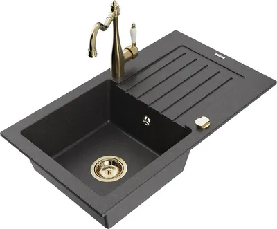 Produktbild von Mexen Pablo 1 Becken-Granitspüle mit Abtropffläche und Mischbatterie Carla, Schwarz gesprenkelt - 6510-76-670700-50