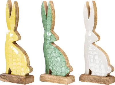 Produktbild von 3er Set Hase Mangoholz H28cm Grün Gelb Weiß Deko Aufsteller Ostern Tischdeko