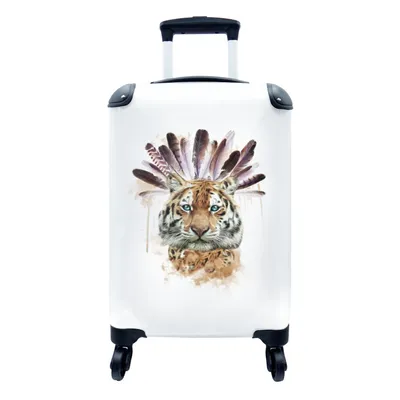 Produktbild von MuchoWow® Koffer Handgepäck Trolley Rollkoffer Kleine Reisekoffer mit 4 Rollen - Tiger - Federn - Weiß - Cabin Size < 55x40x23 cm & 55x40x20 cm - Fotokoffer - Kabinenkoffer - Boardgepäck - Reise-Box - Reisekoffer - Reisegepäck - Koffer mit Bild - Trolley für Kinder