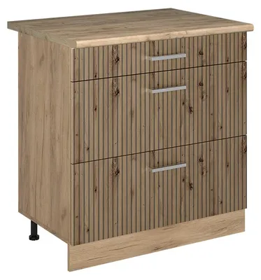 Productafbeelding van Keukenonderkast Vicco R-Line Artisanaal eiken/Goudkleurig Eiken 80 cm met 3 laden goudkleurig eiken werkblad, Model 72429