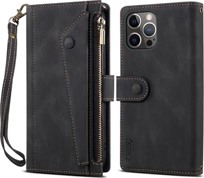 Produktbild von Schutzhülle für iPhone 14 Pro Max Reißverschluss Hülle, Leder Klapphülle Kartenfach Standfunktion Brieftasche mit Trageband Schwarz