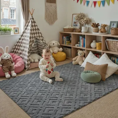 Obrázek produktu pro Moderní koberec 120x180 cm, šedý – protiskluzový, lze prát v pračce, s 3D geometrickým vzorem