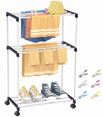 Wäscheständer, 3 Ebenen, mit Rollen, platzsparend, 108 cm hoch