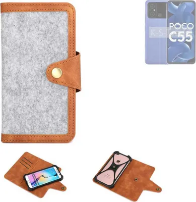 Produktbild von K-S-Trade Handyhülle kompatibel mit POCO C55 Schutzhülle Filz-Hülle Kunst-Leder hellgrau braun (1x)