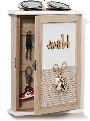 Productafbeelding van Houten Sleutelkast - Sleutelhouder - Thuis Organiseren - Uniek Bladontwerp - 28x20x7 cm - Wit