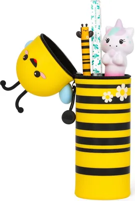 A bee-themed pencil case and pen holder with cute stationery items.