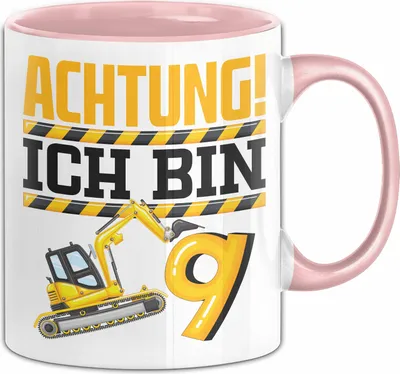 Produktbild von 9. Geburtstag Geschenk Tasse Becher Jungs Baustelle Geburtstagsgeschenk Achtung Ich Bin 9 (Rosa)