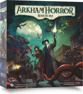 The box art for the Arkham Horror card game depicts a scene of investigators confronting monstrous tentacles and flying creatures under a large moon.