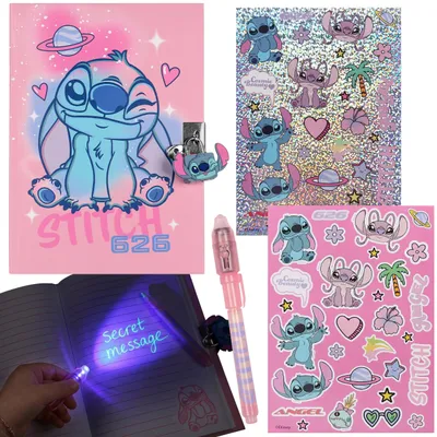 Produktbild von Disney Stitch Geschenkset für Mädchen, Tagebuch mit Vorhängeschloss, Zauberstift und Aufklebern