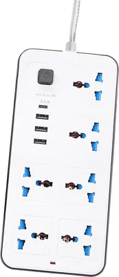 Zdjęcie produktu dla Listwa zasilająca z 6 gniazdkami, 3 portami USB i 1 portem USB-C – przedłużacz o długości 1,8 m, wyłącznik, zabezpieczenie przeciwprzepięciowe do domu, biura i akademika