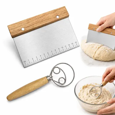 Produktbild von Dänischer Schneebesen mit Doppelring und Teigkarte - Backzubehör zum Verrühren und Portionieren von Teig - 2-teiliges Set