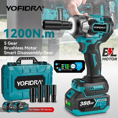 Produktbild von YOFIDRA Akku-Schlagschrauber 1/2 Zoll, 1200 Nm, 18V, bürstenlos, mit 2 Akkus, Ladegerät und 4 Stecknüssen, Kompatibel mit 18V Akku
