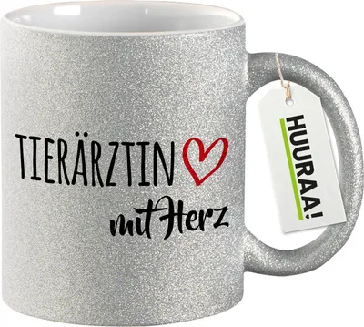 Produktbild von Huuraa Glitzertasse Tierärztin mit Herz 330ml Silber Keramik Kaffeebecher Geschenkidee