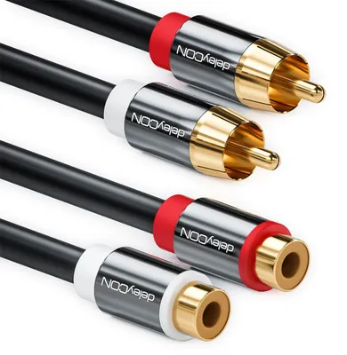 Produktbild von deleyCON 2m Cinch RCA Stereo Audio Verlängerungskabel - 2x Stecker zu 2x Buchse - Vergoldete Metallstecker Schwarz