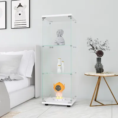 Produktbild von Fortuna Lai Vitrine Glas, 3 Etagen mit Tür und Schloss, 5 mm gehärtetes Glas, bodenstehendes Bücherregal für Schlafzimmer,Wohnzimmer,125.2x42.4x36.3cm