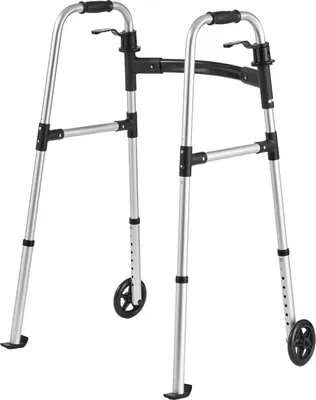 Obrázok produktu pre Skladací chodítko, skladacie chodítko s 2 tlačidlami, pevnými kolesami a 8-stupňovou nastaviteľnou výškou, nosnosť 159 kg, ľahká hliníková pomôcka na chôdzu, chodítka s prednými kolieskami pre seniorov a dospelých